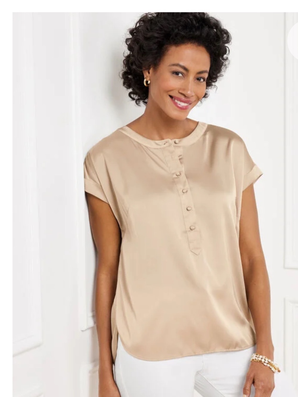 Like New Satin Charmeuse Blouse, Short/Cap Sleeves, XLP, champagne/Tan, Gorgeous